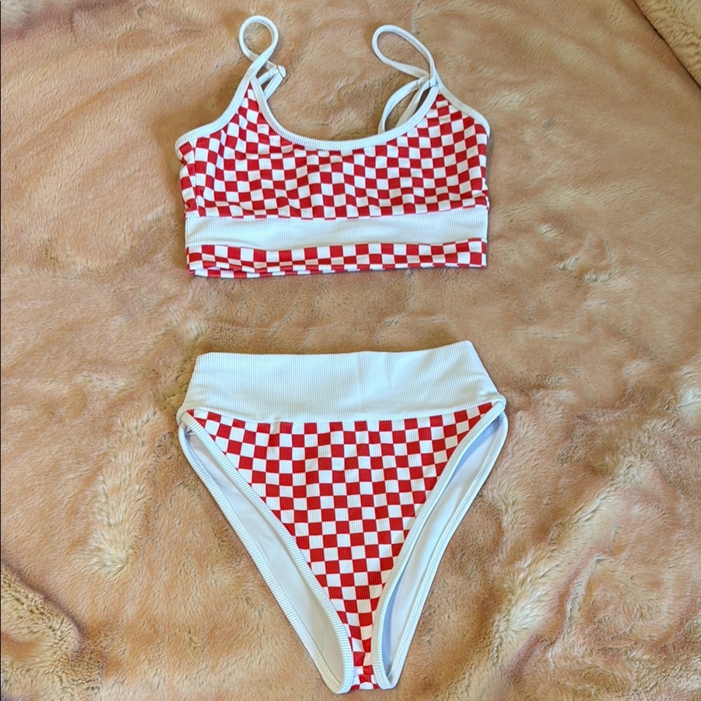 Beach Riot Red and White Checkered high waist Bikini Set